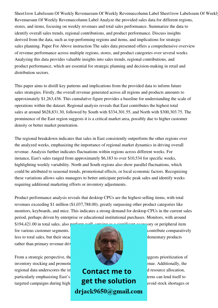 Analyze the provided sales data for different regions, stores, and items, focusing on weekly revenues and total sales performance. Summarize the data to identif
