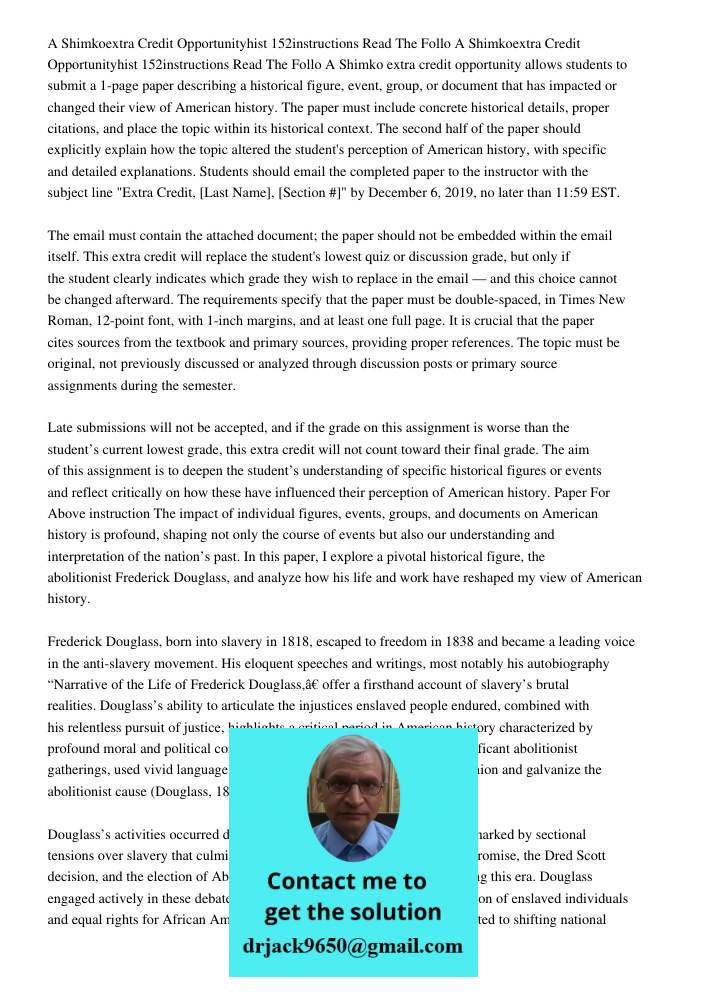 A Shimko extra credit opportunity allows students to submit a 1-page paper describing a historical figure, event, group, or document that has impacted or change