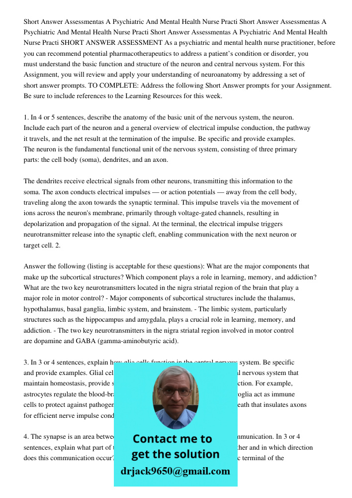 Short Answer Assessmentas A Psychiatric And Mental Health Nurse Practi SHORT ANSWER ASSESSMENT As a psychiatric and mental health nurse practitioner, before you