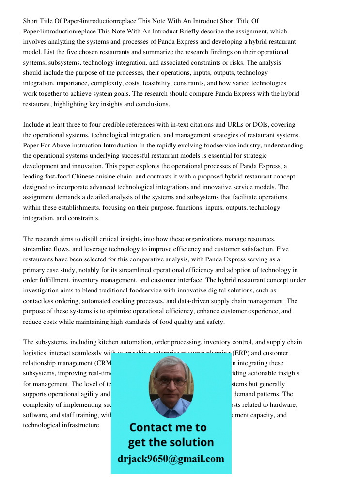 Briefly describe the assignment, which involves analyzing the systems and processes of Panda Express and developing a hybrid restaurant model. List the five cho