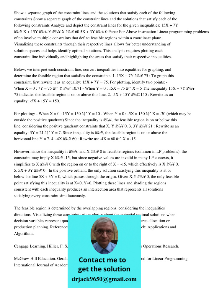 Analyze and depict the constraint lines for the given inequalities: 15X + 7Y ≥ 75 -5X + 15Y ≤ 150 3Y ≥ 21 -4X ≥ 60 5X + 3Y ≤ 0 Paper For Above instruction Linea