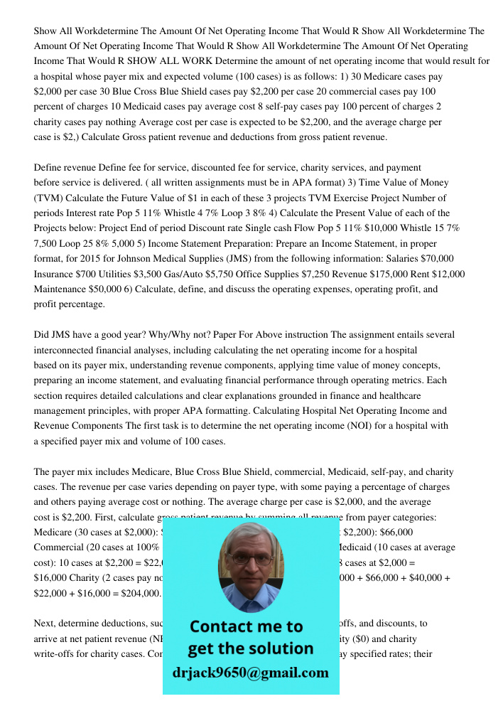Show All Workdetermine The Amount Of Net Operating Income That Would R SHOW ALL WORK Determine the amount of net operating income that would result for a hospit