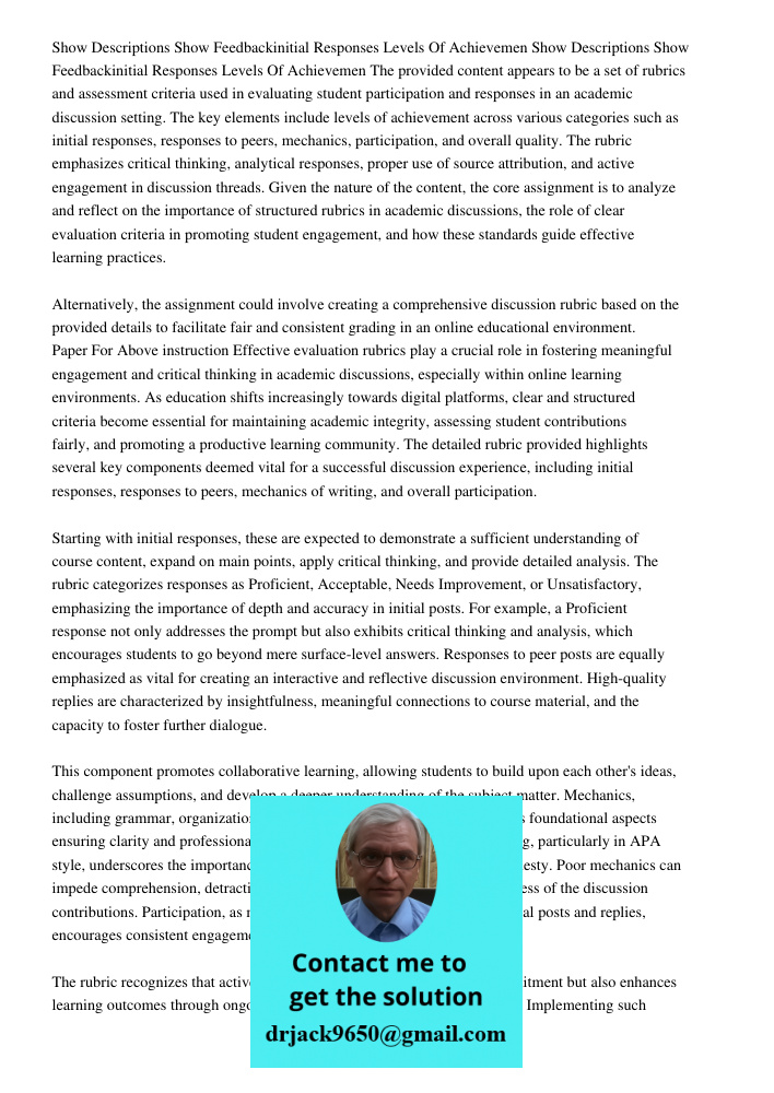 The provided content appears to be a set of rubrics and assessment criteria used in evaluating student participation and responses in an academic discussion set