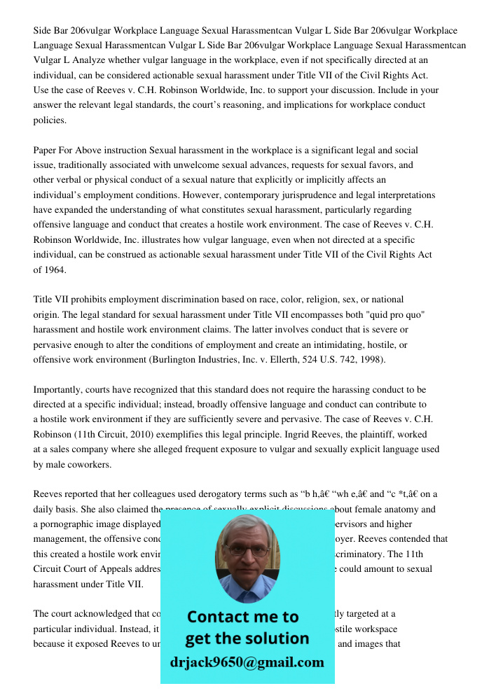 Side Bar 206vulgar Workplace Language Sexual Harassmentcan Vulgar L Analyze whether vulgar language in the workplace, even if not specifically directed at an in