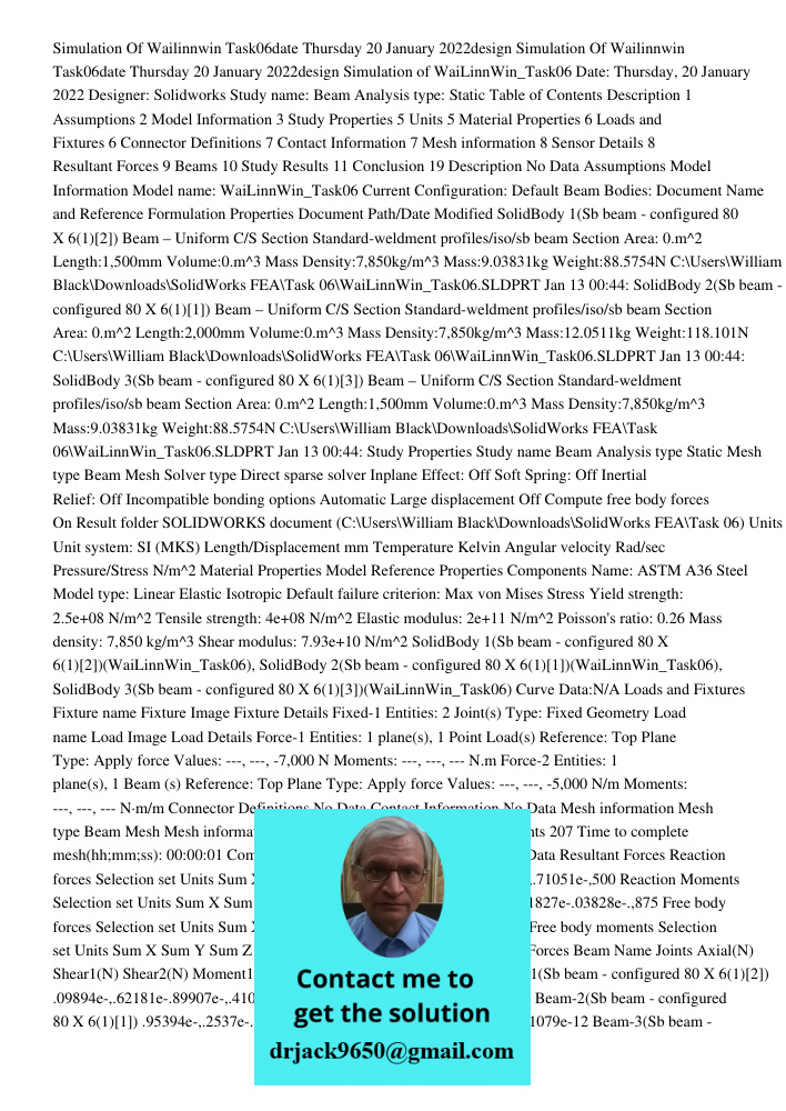 Simulation of WaiLinnWin_Task06 Date: Thursday, 20 January 2022 Designer: Solidworks Study name: Beam Analysis type: Static Table of Contents Description 1 Assu