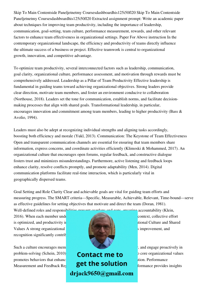 Extracted assignment prompt: Write an academic paper about techniques for improving team productivity, including the importance of leadership, communication, go