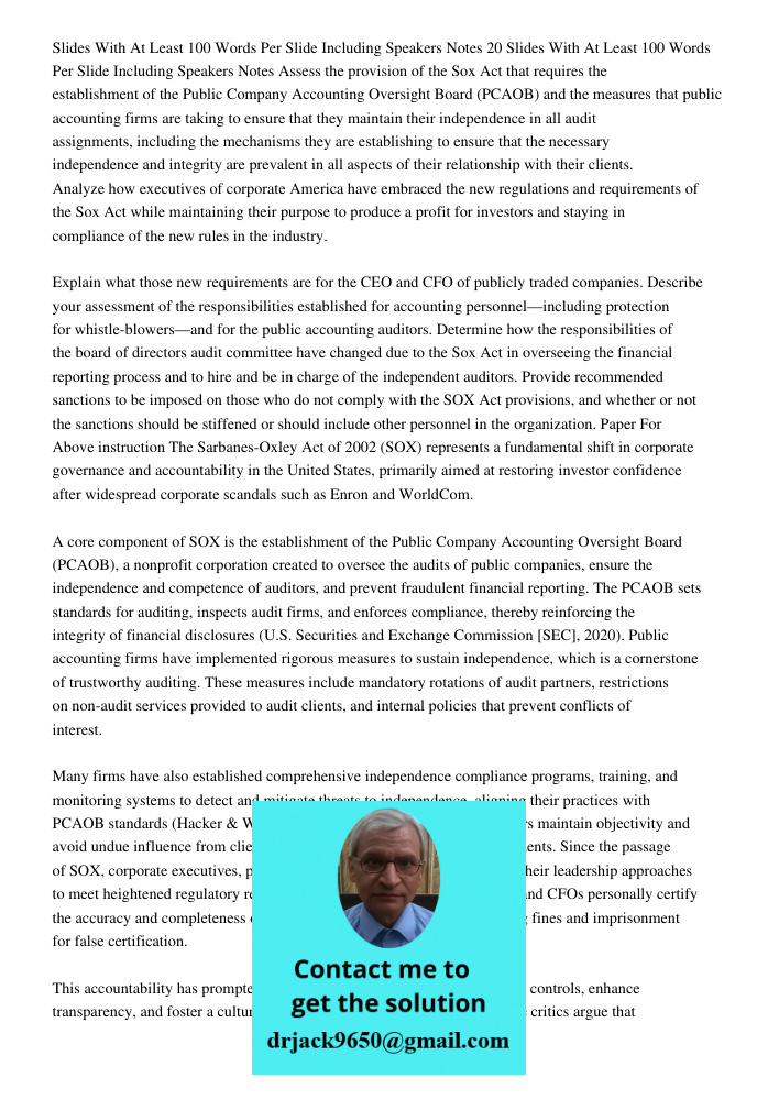 Assess the provision of the Sox Act that requires the establishment of the Public Company Accounting Oversight Board (PCAOB) and the measures that public accoun