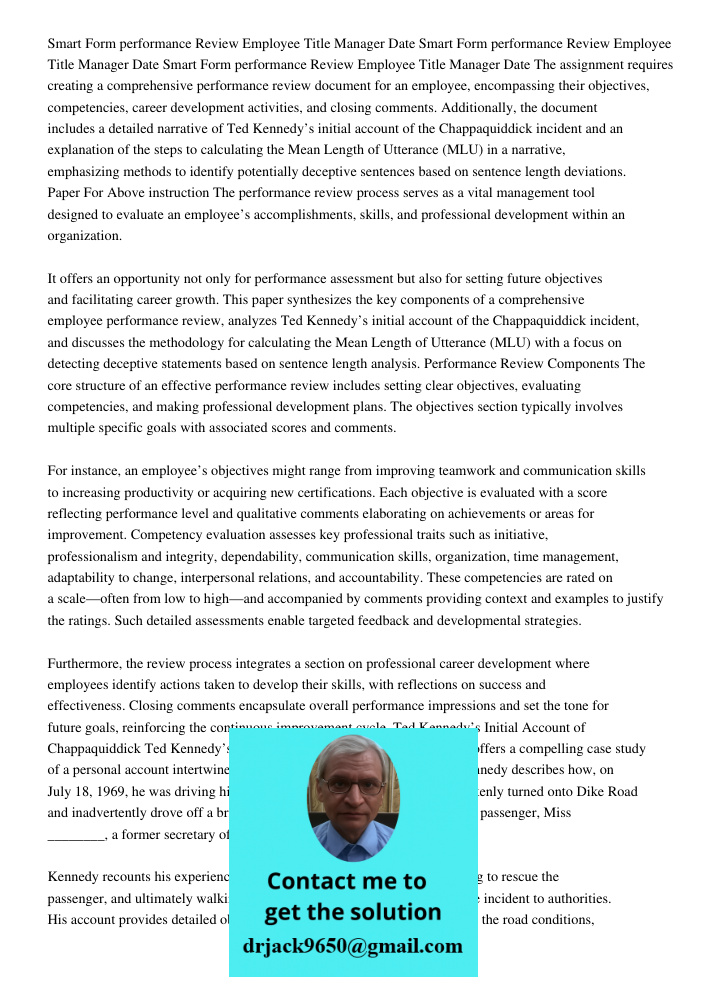 Smart Form performance Review Employee Title Manager Date The assignment requires creating a comprehensive performance review document for an employee, encompas