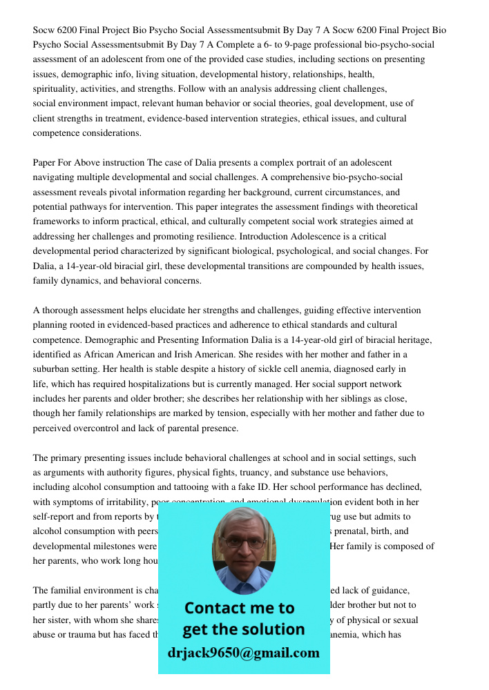 Complete a 6- to 9-page professional bio-psycho-social assessment of an adolescent from one of the provided case studies, including sections on presenting issue