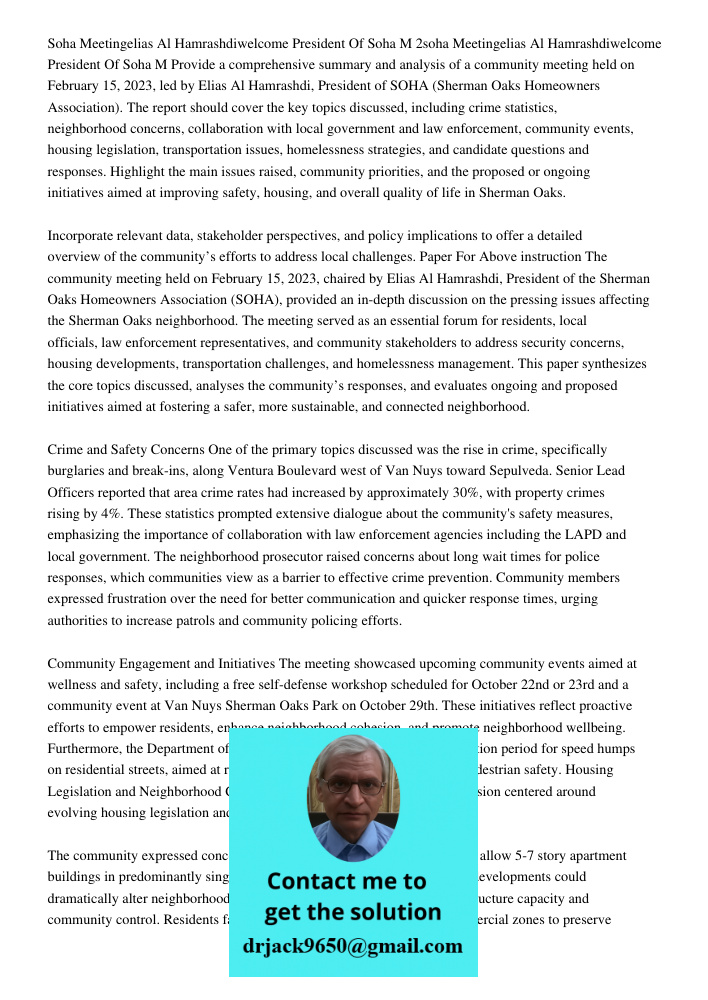 Provide a comprehensive summary and analysis of a community meeting held on February 15, 2023, led by Elias Al Hamrashdi, President of SOHA (Sherman Oaks Homeow
