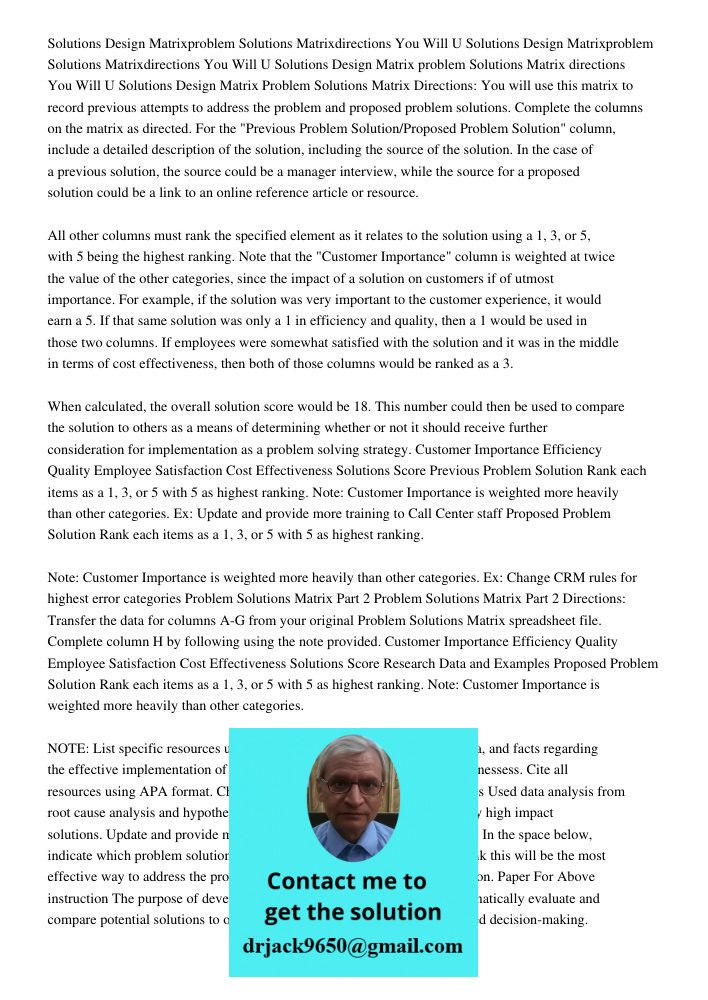 Solutions Design Matrix problem Solutions Matrix directions You Will U Solutions Design Matrix Problem Solutions Matrix Directions: You will use this matrix to 