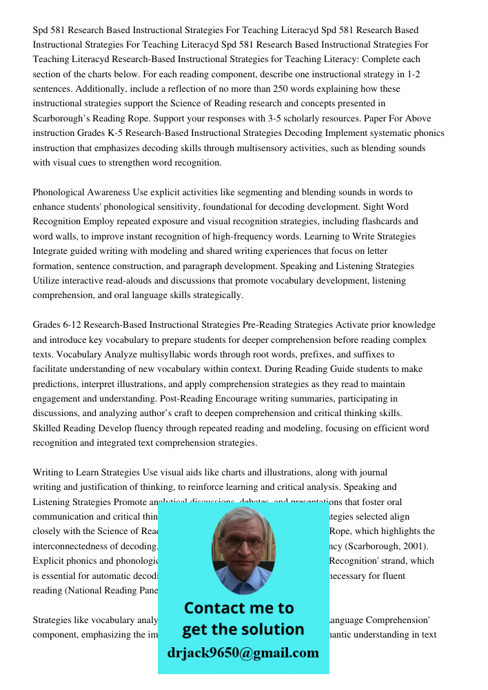 Spd 581 Research Based Instructional Strategies For Teaching Literacyd Research-Based Instructional Strategies for Teaching Literacy: Complete each section of t