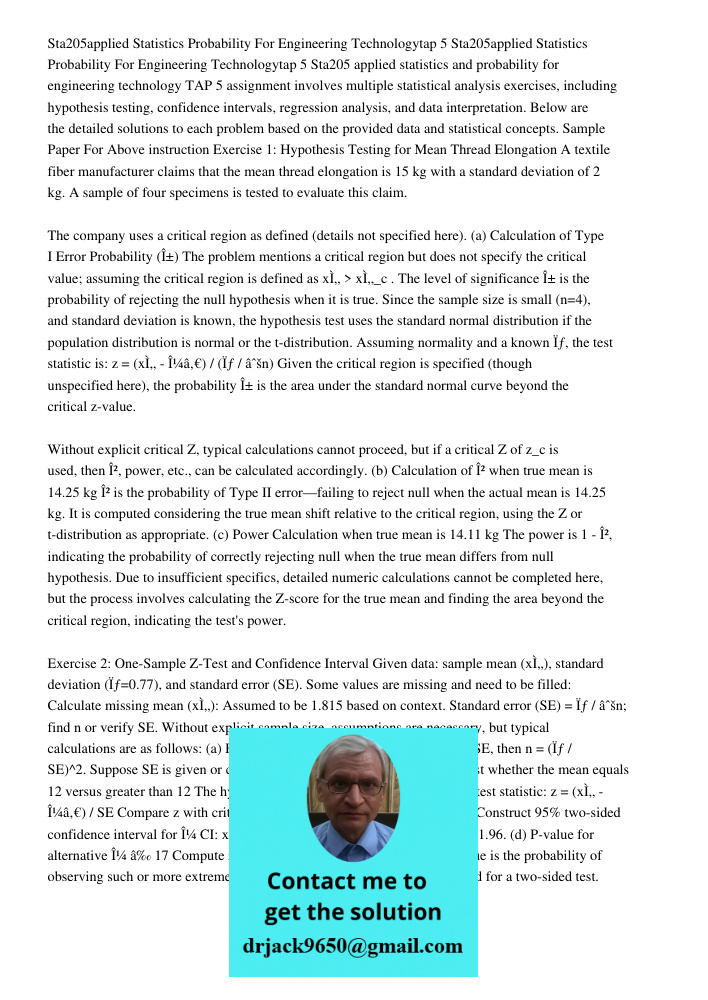 Sta205 applied statistics and probability for engineering technology TAP 5 assignment involves multiple statistical analysis exercises, including hypothesis tes