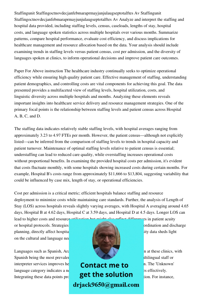 Analyze and interpret the staffing and hospital data provided, including staffing levels, census, caseloads, lengths of stay, hospital costs, and language spoke