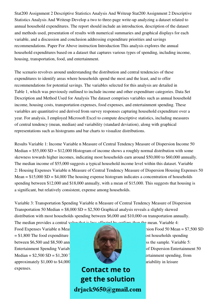 Develop a two to three-page write-up analyzing a dataset related to annual household expenditures. The report should include an introduction, description of the