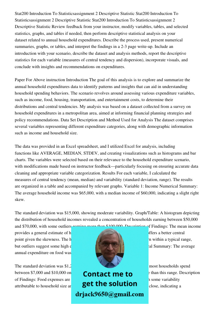 Stat200 Introduction To Statisticsassignment 2 Descriptive Statistic Review feedback from your instructor, modify variables, tables, and selected statistics, gr