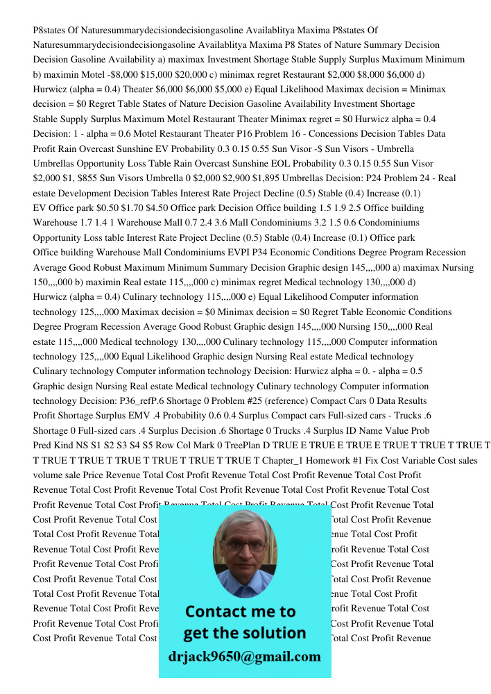 P8 States of Nature Summary Decision Decision Gasoline Availability a) maximax Investment Shortage Stable Supply Surplus Maximum Minimum b) maximin Motel -$8,00