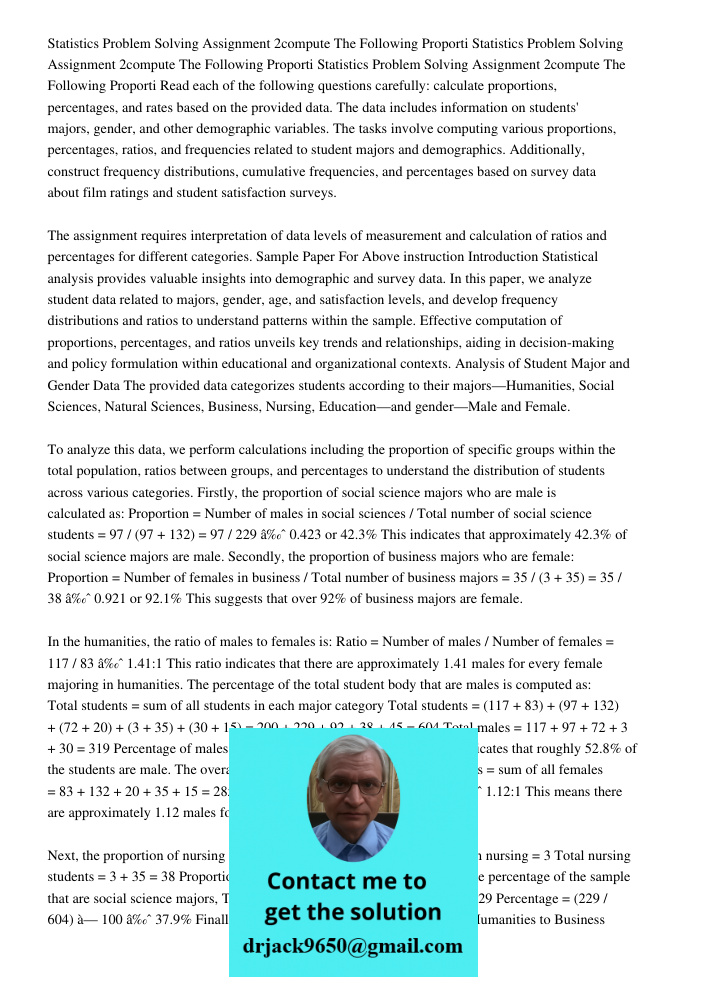 Statistics Problem Solving Assignment 2compute The Following Proporti Read each of the following questions carefully: calculate proportions, percentages, and ra