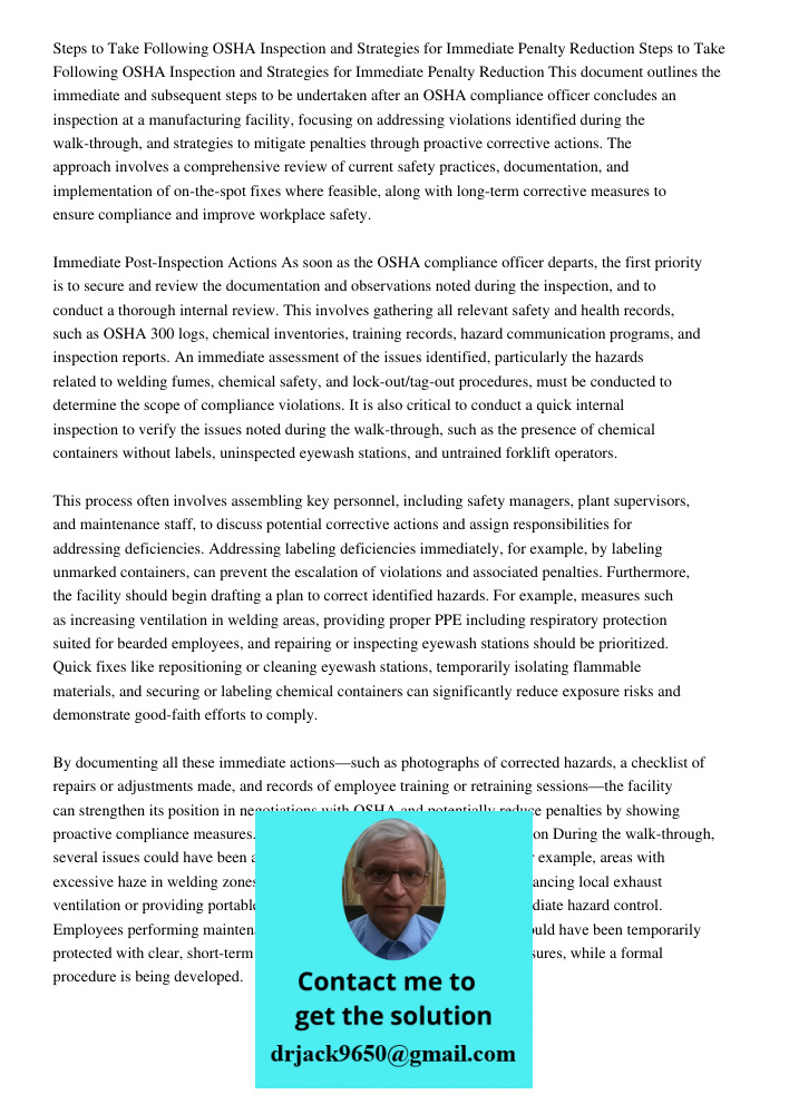 This document outlines the immediate and subsequent steps to be undertaken after an OSHA compliance officer concludes an inspection at a manufacturing facility,