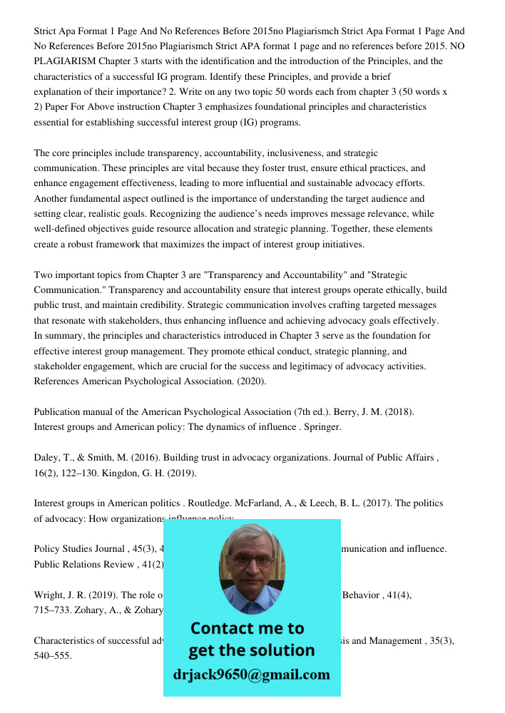 Strict APA format 1 page and no references before 2015. NO PLAGIARISM Chapter 3 starts with the identification and the introduction of the Principles, and the c