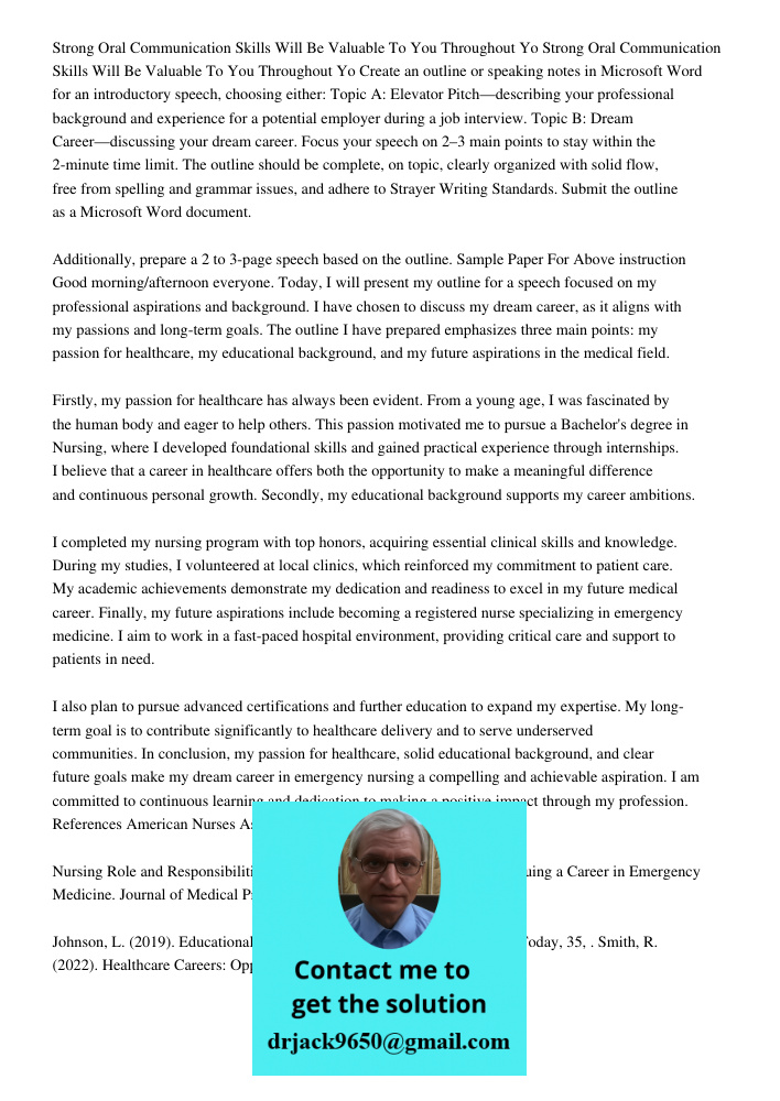 Create an outline or speaking notes in Microsoft Word for an introductory speech, choosing either: Topic A: Elevator Pitch—describing your professional backgrou