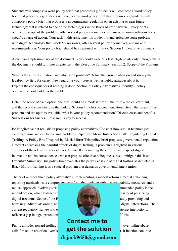 Students will compose a word policy brief that proposes a g Students will compose a policy brief that proposes a governmental regulation on an existing or near 