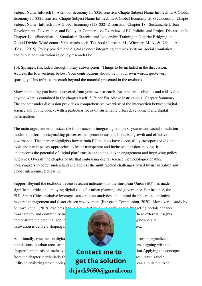 Subject Name Infotech In A Global Economy Its 832discussion Chapte Subject Name: Infotech In A Global Economy (ITS-832) Discussion: Chapter 18 - Sustainable Urb