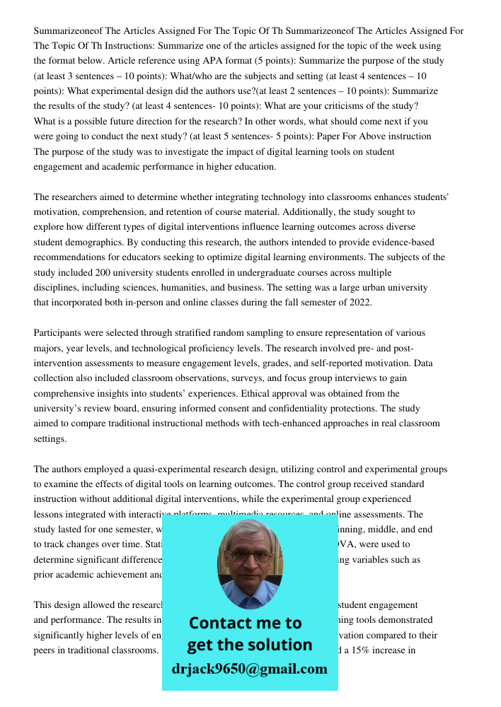 Instructions: Summarize one of the articles assigned for the topic of the week using the format below. Article reference using APA format (5 points): Summarize 