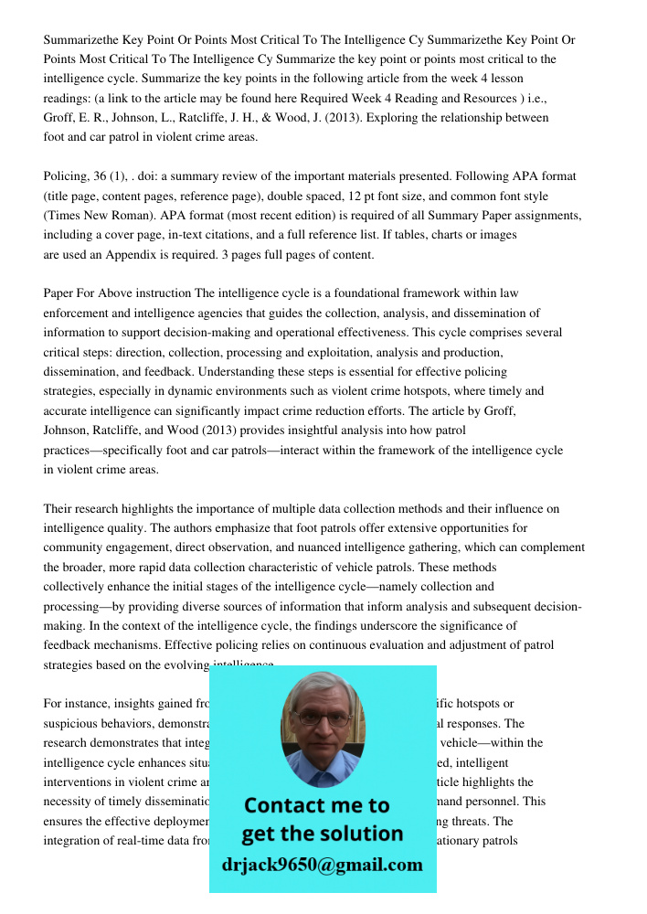 Summarize the key point or points most critical to the intelligence cycle. Summarize the key points in the following article from the week 4 lesson readings: (a