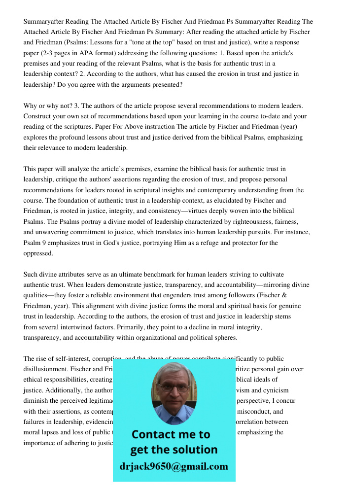Summary: After reading the attached article by Fischer and Friedman (Psalms: Lessons for a "tone at the top" based on trust and justice), write a response paper
