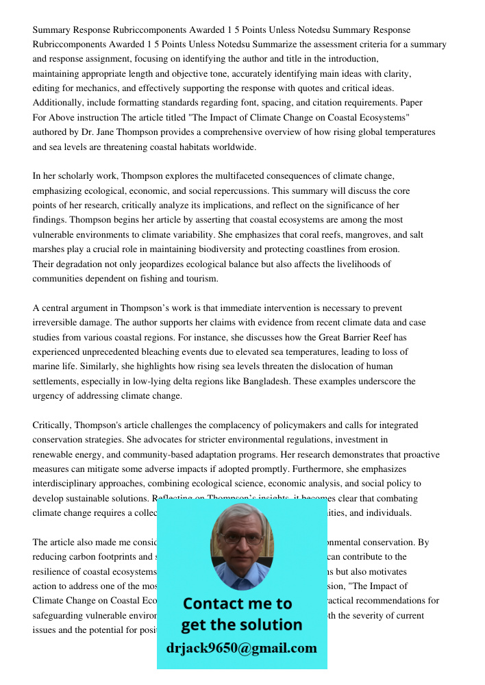 Summarize the assessment criteria for a summary and response assignment, focusing on identifying the author and title in the introduction, maintaining appropria