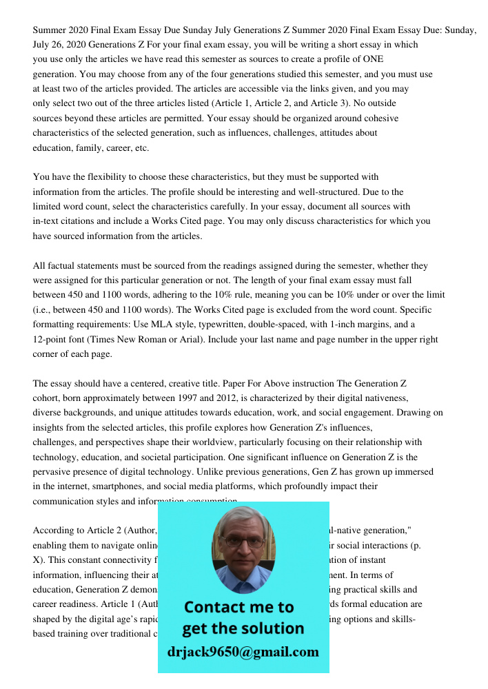 For your final exam essay, you will be writing a short essay in which you use only the articles we have read this semester as sources to create a profile of ONE