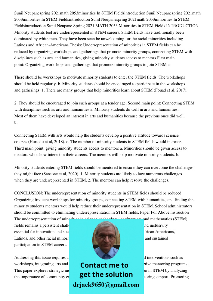 Sunil Neupanespring 2021math 2053minorities In STEM Fieldsintroduction Sunil Neupane Spring 2021 MATH 2053 Minorities in STEM Fields INTRODUCTION Minority stude