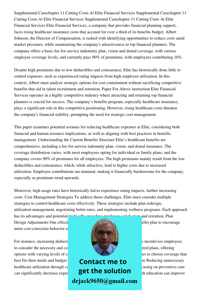 Supplemental Casechapter 11 Cutting Costs At Elite Financial Services Elite Financial Services, a company that provides financial planning support, faces rising
