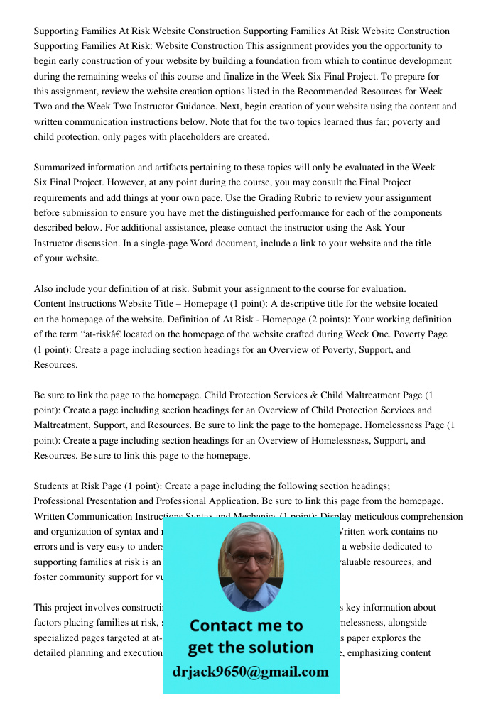 Supporting Families At Risk: Website Construction This assignment provides you the opportunity to begin early construction of your website by building a foundat