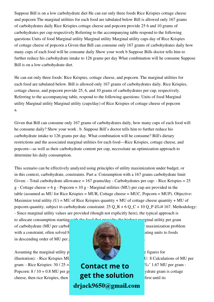 Bill's dietary restrictions and the associated marginal utilities for each food—Rice Krispies, cottage cheese, and popcorn—as well as their carbohydrate content