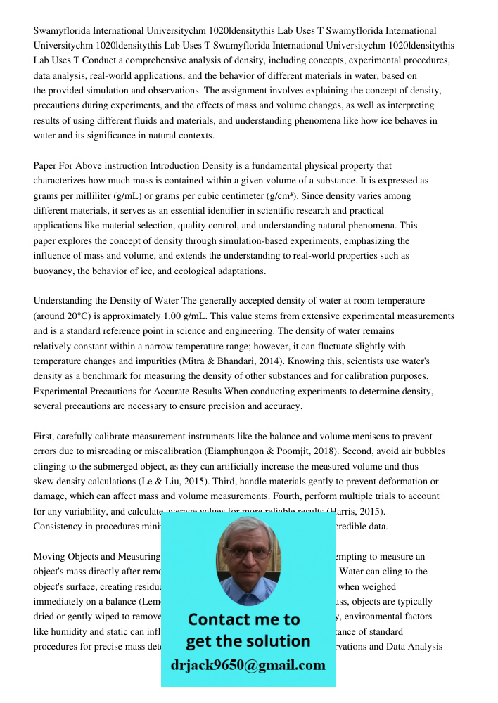 Swamyflorida International Universitychm 1020ldensitythis Lab Uses T Conduct a comprehensive analysis of density, including concepts, experimental procedures, d