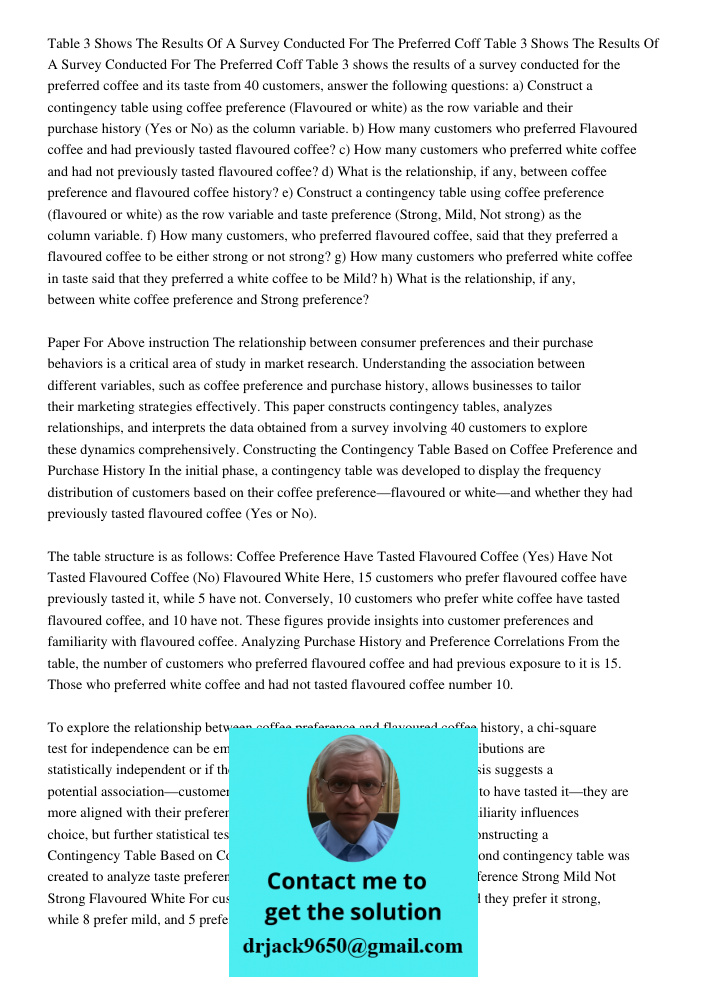 Table 3 shows the results of a survey conducted for the preferred coffee and its taste from 40 customers, answer the following questions: a) Construct a conting