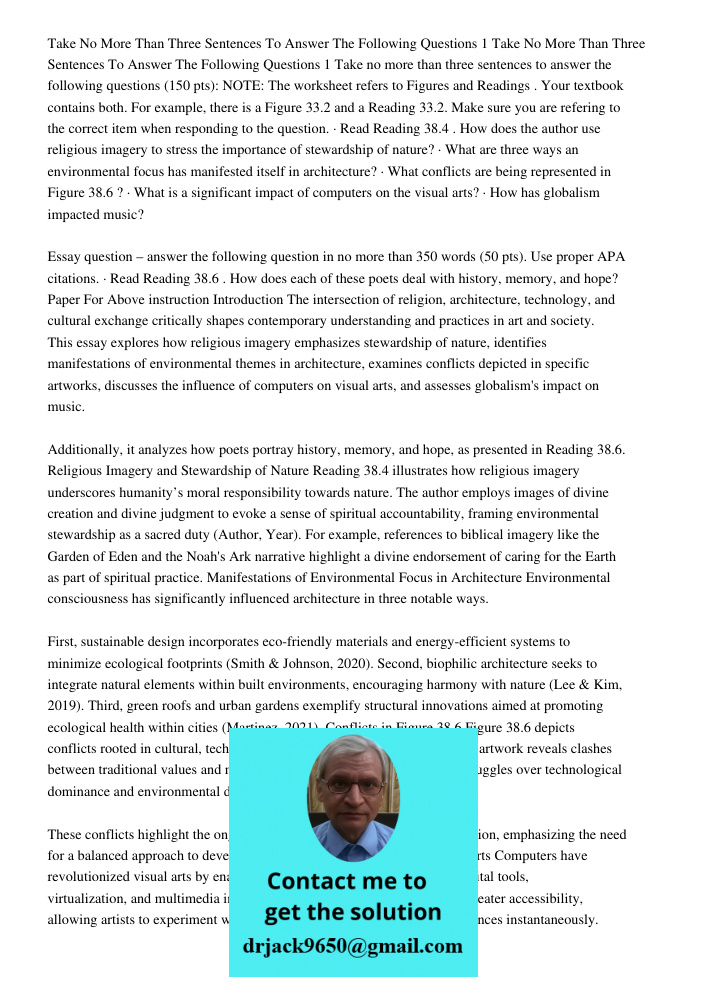 Take no more than three sentences to answer the following questions (150 pts): NOTE: The worksheet refers to Figures and Readings . Your textbook contains both.