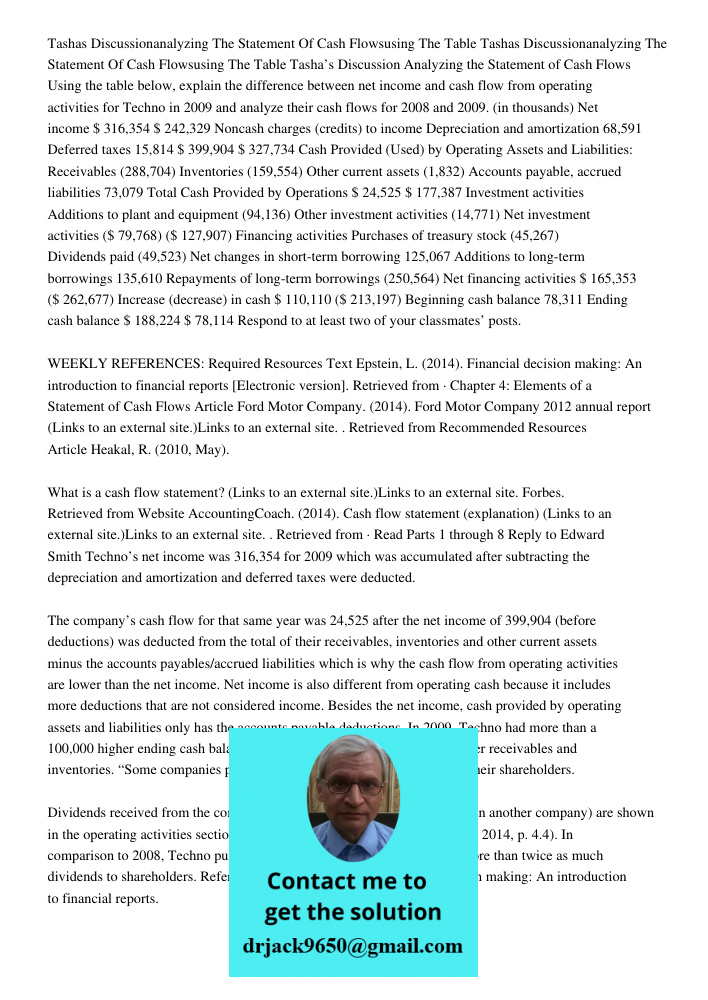 Tasha’s Discussion Analyzing the Statement of Cash Flows Using the table below, explain the difference between net income and cash flow from operating activitie