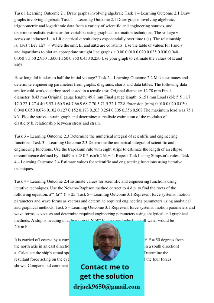 Task 1 – Learning Outcome 2.1 Draw graphs involving algebraic, trigonometric and logarithmic data from a variety of scientific and engineering sources, and dete