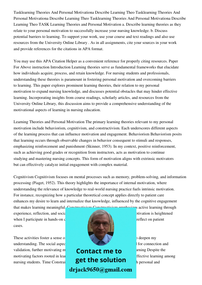 Tasklearning Theories And Personal Motivationa Describe Learning Theo TASK Learning Theories and Personal Motivation a. Describe learning theories as they relat
