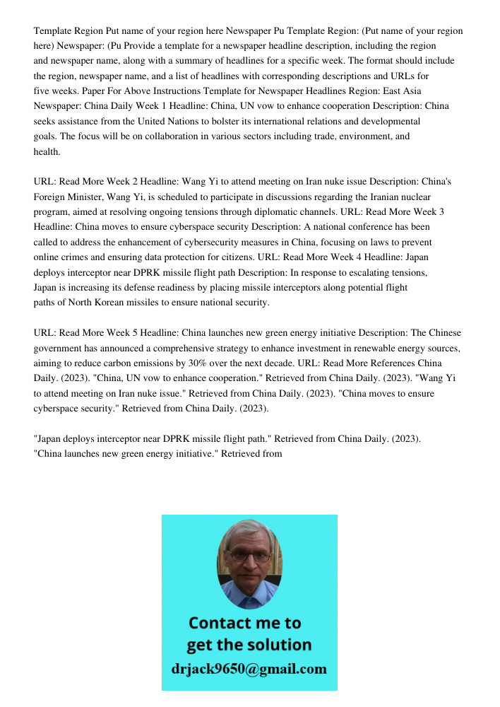 Provide a template for a newspaper headline description, including the region and newspaper name, along with a summary of headlines for a specific week. The for