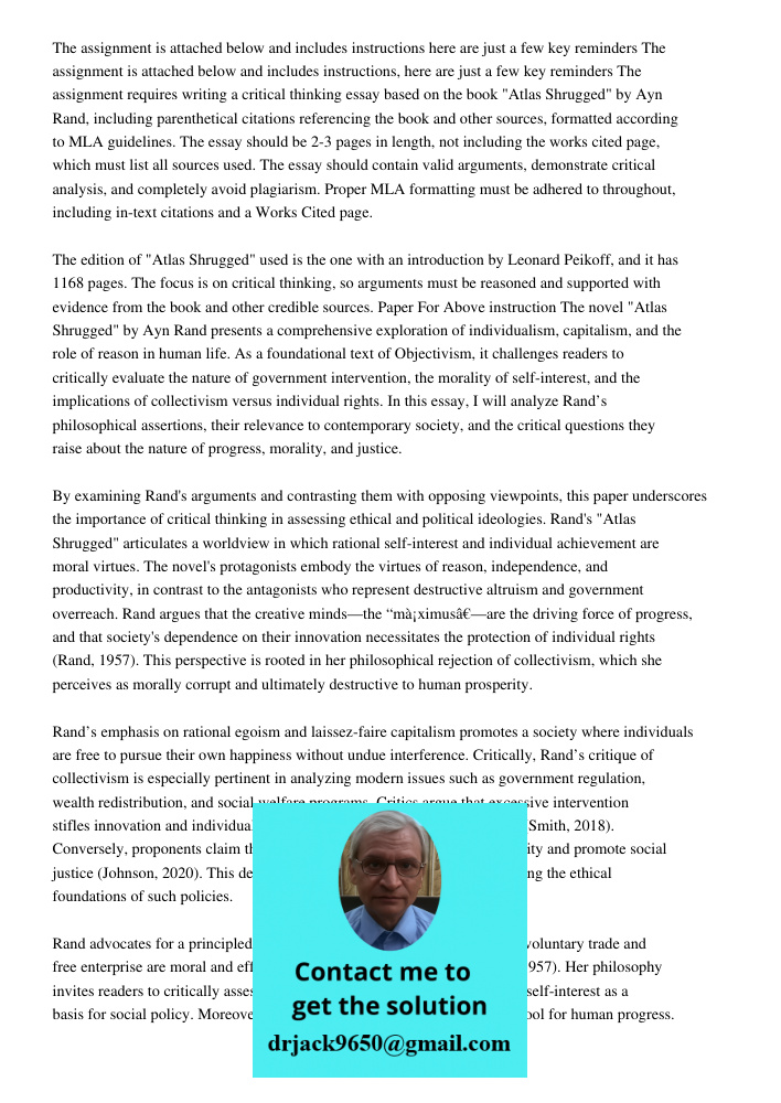 The assignment requires writing a critical thinking essay based on the book "Atlas Shrugged" by Ayn Rand, including parenthetical citations referencing the book