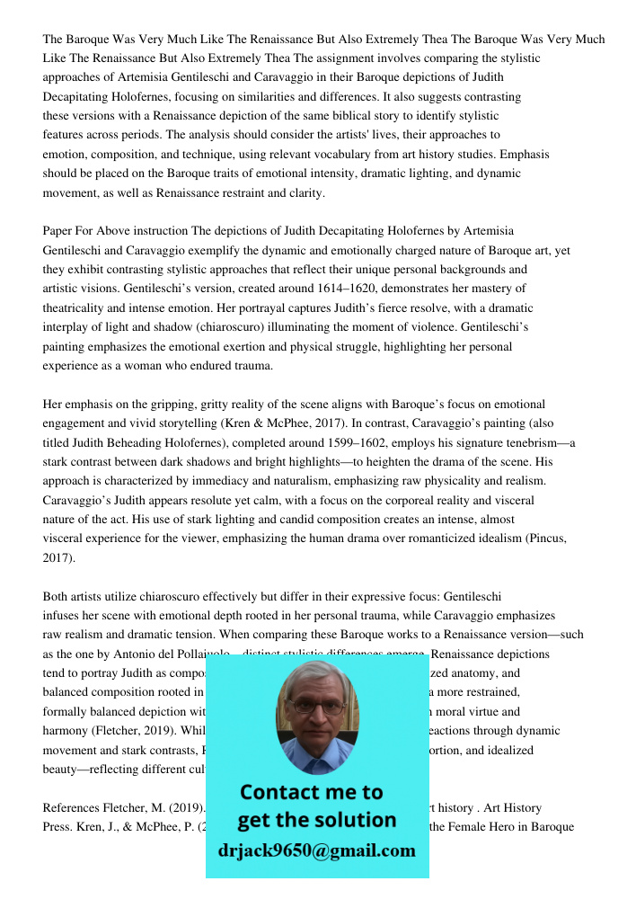 The assignment involves comparing the stylistic approaches of Artemisia Gentileschi and Caravaggio in their Baroque depictions of Judith Decapitating Holofernes