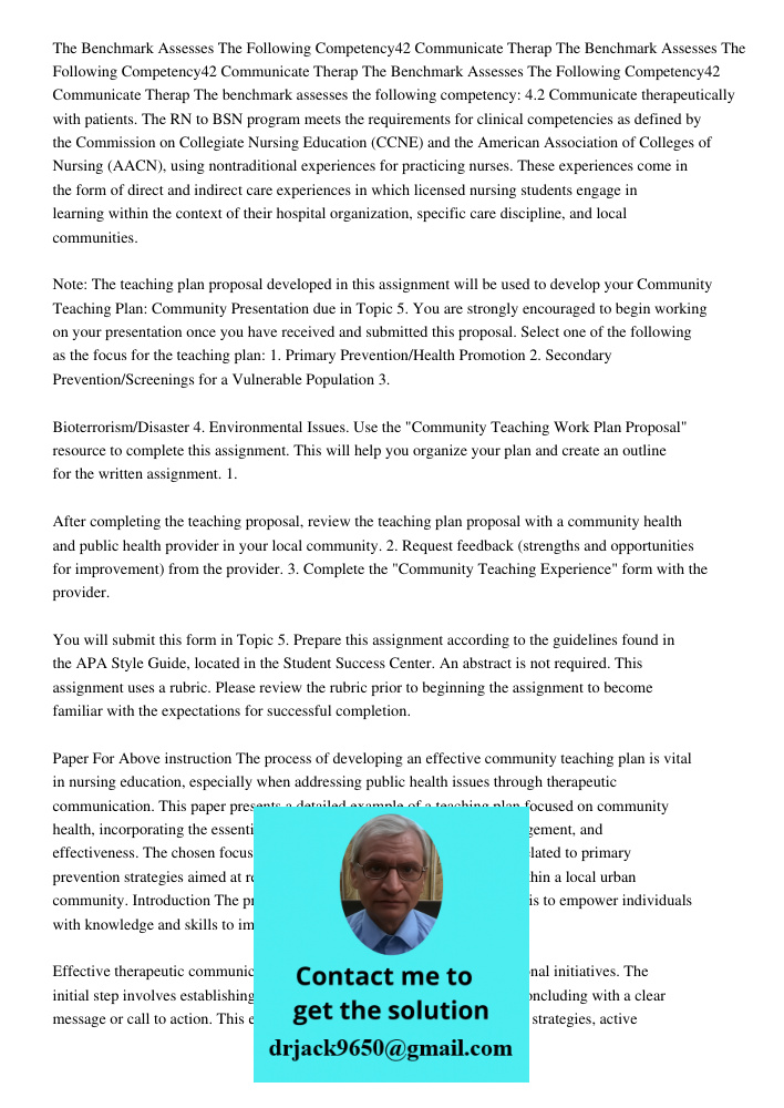 The Benchmark Assesses The Following Competency42 Communicate Therap The benchmark assesses the following competency: 4.2 Communicate therapeutically with patie