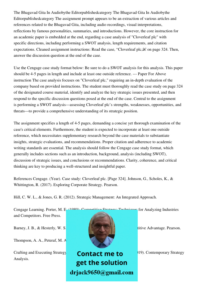 The assignment prompt appears to be an extraction of various articles and references related to the Bhagavad Gita, including audio recordings, visual interpreta