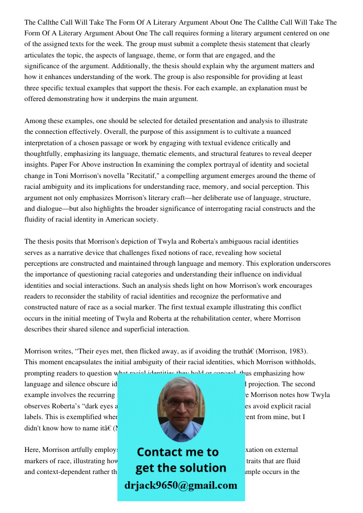 The call requires forming a literary argument centered on one of the assigned texts for the week. The group must submit a complete thesis statement that clearly