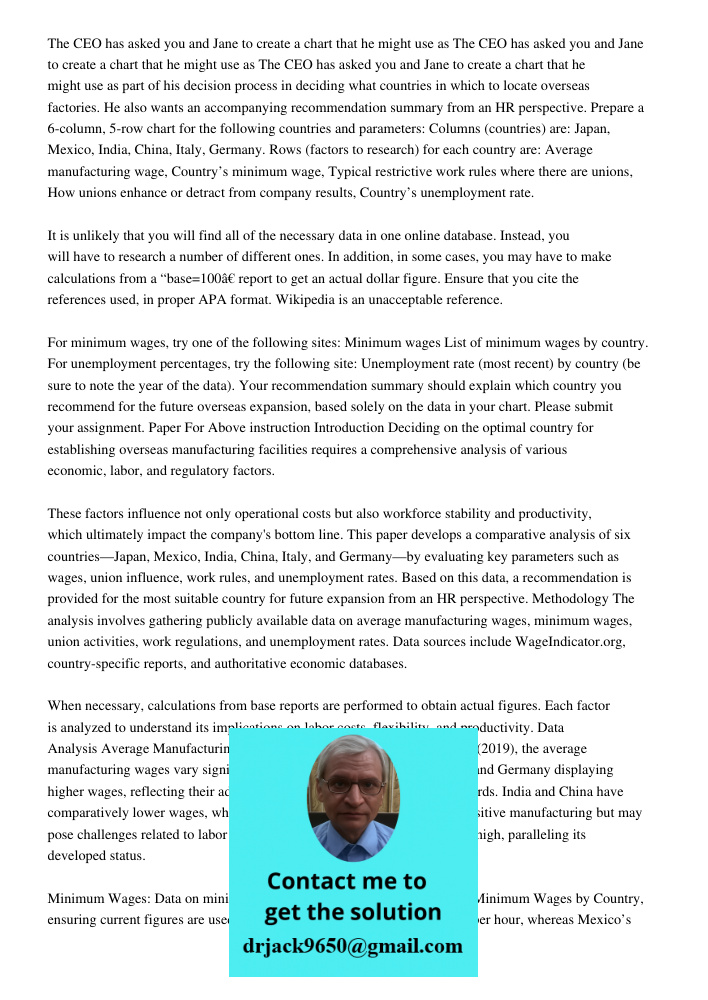 The CEO has asked you and Jane to create a chart that he might use as part of his decision process in deciding what countries in which to locate overseas factor