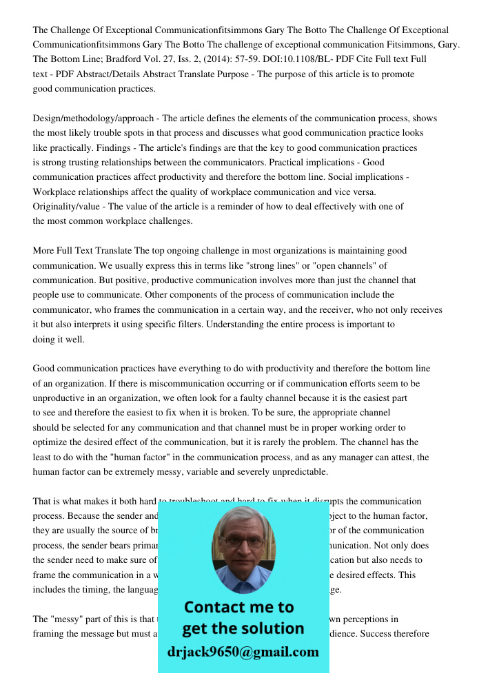 The challenge of exceptional communication Fitsimmons, Gary. The Bottom Line; Bradford Vol. 27, Iss. 2, (2014): 57-59. DOI:10.1108/BL- PDF Cite Full text Full t